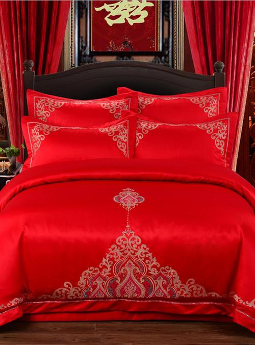 欧式婚庆四件套大红色结婚床上用品床单被套件简约刺绣_婚庆床品_床上